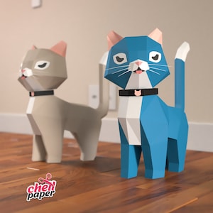 Chat Papercraft 3D, Chat, Modèle PDF 3D, Animaux Papercraft, Sculpture de chat, rose, bleu
