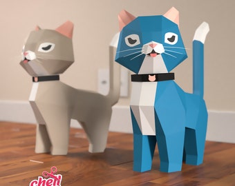 3D Papercraft Cat, Cat, 3D PDF Template, Papercraft Animals, Cat Sculpture, pink, blue