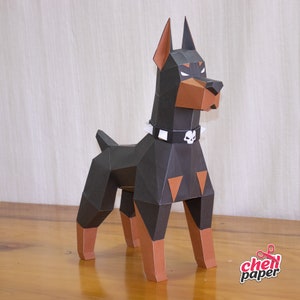 Dobermann, Dobermann, Hundekunst, handgefertigt, Papierhandwerk, Tierreplik, künstlerische Kreation, Bulldoggenrasse, Skulptur, Pitbull