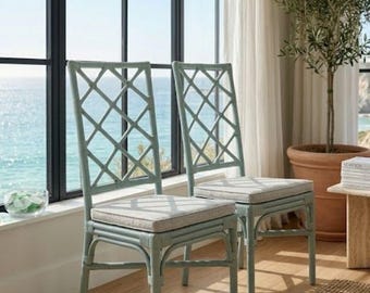 Pair of Vintage Seafoam Blue Lattice Rattan Dining Chairs, Hollywood Regency Style