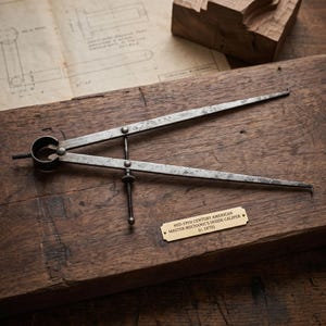 May include: A vintage, metal inside caliper, a tool used for measuring, rests on a wooden surface. The caliper is labeled "MID-19TH CENTURY AMERICAN MASTER MECHANIC'S INSIDE CALIPER (c.1870)". A blueprint and wooden block are in the background.