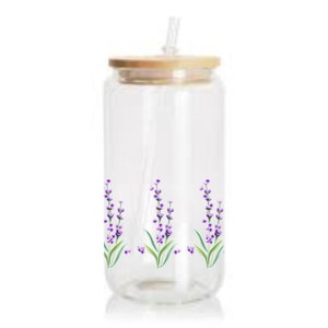 Purple Flowers Beer Can Glass Tumbler with Wood Lid and Straw, Lavender Glass Coffee Jar,  Floral Glass Jar Cup, Lavender Beer Can Glass