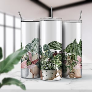 Houseplant Tumbler, Plant Lovers 20 oz White Skinny Tumbler with House Plants and Foliage - Can be Personalized