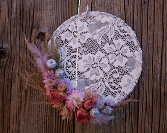 Lace hoop/wreath with dried flowers as accent jewelry