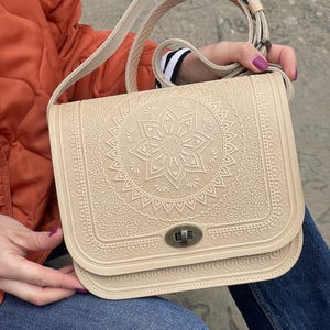 Beige Genuine Leather Bag, Mandala Saddle Bag, Satchel Bag, Leather Purse Women, Cross Body Bags For Women, White Leather Bag