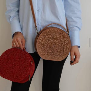 Leather Embossed Handbag, Round Crossbody Bag, Handmade Floral Purse, Boho Chic Leather Shoulder Bag, Unique Gift For Her