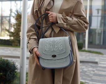 Blue Messenger Bag, Genuine Leather Bag, Big Leather Bag, Tooled Leather, Crossbody Bag, Shoulder Bag, Capacious Bag, Ukrainian Gifts