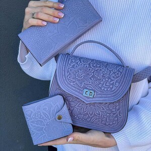 Blauwe leren set van 3 stuks, cadeau-ideeën voor haar, kleine handtas, minimalistische portemonnee, mini leren tas, leren kaarthouder, leren portemonnee