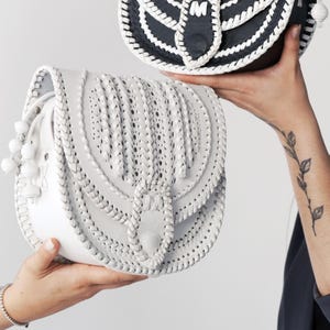 Woven Cross Body Bag, white satchel bag, Cross Body Purse, Black Leather Embossed Bag, Handmade Bag, white leather bag, Small Handbag
