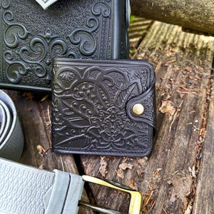 Zwarte leren portemonnee, kleine portemonnee, western portemonnee, damesportemonnee, leren portefeuille, leren etui, minimalistische portemonnee, geldhouder