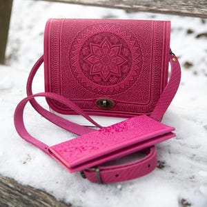 Set Mandala Bag vs Purse, Cross Body Bag, Genuine Leather Bag, Custom Card Holder, Minimalist Wallet, Yoga Gifts, Leather Billfold