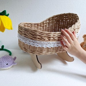 Wicker Doll Cradle  – Handmade Dolls Cot – Rattan Rocking Crib – Gift for Girl – Pretend Play Toy – Montessori Toy
