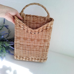 Woven Door Basket with House Number–Front Door Hanging Basket for Flowers–Narrow Wall Pocket Basket for Porch Decor–Spring Summer WickerLook
