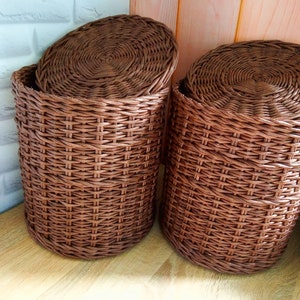 Closet organizer. Woven versatile round Basket with lid, laundry basket, round storage basket with lid. Wicker laundry basket.