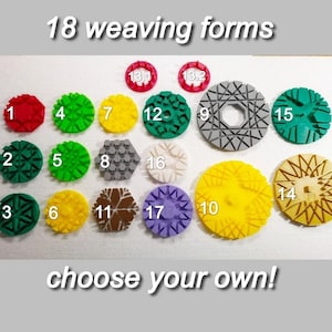 May include: Eighteen different weaving forms, numbered 1 through 18, in various colours and shapes. The forms are made of plastic and have a smooth, glossy finish. The forms are arranged in a circle on a white background. The text "18 weaving forms" and "choose your own!" are printed on the background.