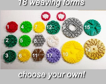 May include: Eighteen different weaving forms, numbered 1 through 18, in various colors and shapes. The forms are made of plastic and have a smooth, glossy finish. The forms are arranged in a circle on a white background. The text "18 weaving forms" and "choose your own!" are printed on the background.
