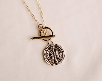 Gold Filled Cross Coin Pendant Necklace: Toggle Bar Clasp