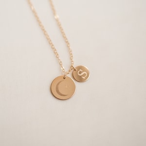 Moon and Star Necklace: Personalized Initial Disc, Sterling Silver or Gold Filled