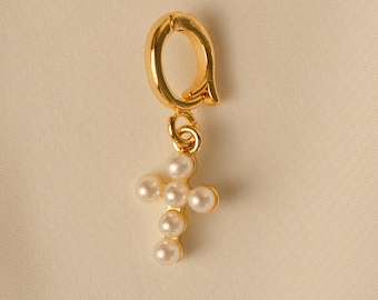 Pearl Cross Charm, 14k Gold Plated, DIY Jewelry