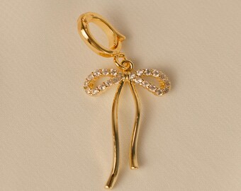 CZ Bow Charm, 14k Gold Plated Hinge Clasp Charm