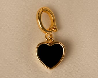 Black Enamel Heart Charm, 14k Gold Plated, Hinge Clasp