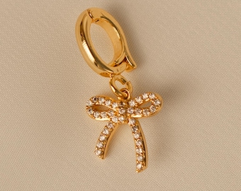 CZ Bow Charm, 14k Gold Plated Hinge Clasp