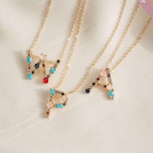 24k Gold Plated Initial Necklace: Gemstone Letter Pendant