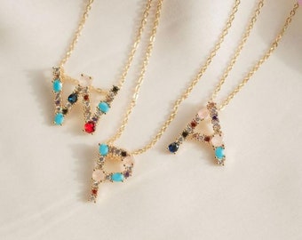 24k Gold Plated Initial Necklace: Gemstone Letter Pendant