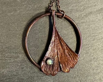 Ginkgo Leaf Pendant with Labradorite ~ Copper Electroformed
