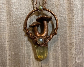 Mushroom and Crystal Necklace ~ Apatite and Labradorite ~ Copper Electroformed