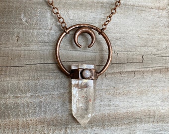 Crystal Quartz and Moonstone Necklace ~ Copper Electroformed, Witchy Jewelry, Boho Jewelry, Moon Jewelry, Luna, Moon Phases