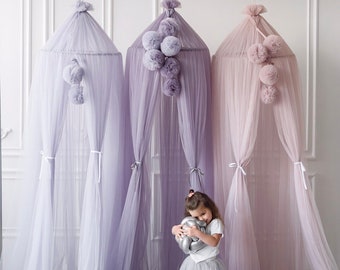 Play Canopy for Girl, Canopy bed, Nook Baldachin, Princess baldachin, Canopy for kids room, Cozy Big Baldachin with Pompom, Lilac crib Canopy