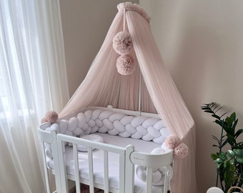 Light Powder Pink Baby Canopy with Pom-Poms, Nursery Crib Canopy, Custom Baldachin, Toddler Bed Canopy, Girls Bedroom Decor, Mosquito Net