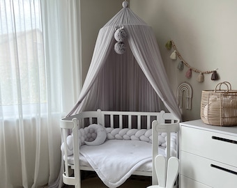 Scandi Baby Big Baldachin with Pompoms, Baby Crib Canopy, Nursery Canopy, Gray Tulle Canopy, Canopy Kids Room, Nook Read Canopy, Canopy Bed