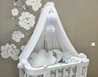 White Baby canopy, Pom-Pom Canopy, Crib Canopy, Mosquito Net for Baby, Kids Room Bed Canopy, Nursery Decor, Girls Bedroom Canopy