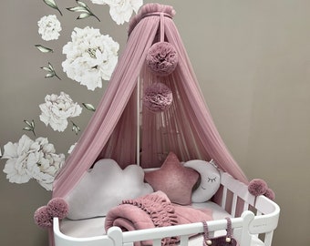 Dosel para bebé en color rosa polvoriento, baldaquín personalizado, dosel para guardería, dosel para cuna de niña, dosel para cama infantil, dosel con pompones, mosquitero