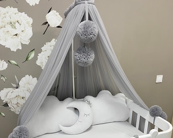 Gray Graphite Baby Baldachin, Custom Baldachin, Nursery Canopy, Crib Canopy, Bed Canopy for Kids, Pom-Pom Canopy, Mosquito Net
