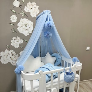 Baldaquín de cuna azul bebé, dosel de tela suave para bebé, dosel para guardería, dosel para cama infantil, dosel con mosquitera, tienda de campaña acogedora para dormir, dosel para niño
