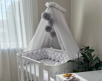 Baldaquín para bebé, Baldaquín personalizado, Baldaquín para rincón, Dosel para guardería, Dosel para niña y niño, Baldaquín para cama, Dosel para cuna, Dosel gris con pompones
