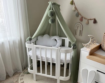 Green Salvia Crib canopy, Baldachin for baby boy girl, canopy for nursery with holder, Custom baldachin with pompoms, cot baldachin