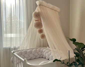 Baldaquín para bebé, Baldaquín personalizado, Baldaquín para rincón, Dosel para habitación de bebé, Dosel para juegos de niña, Baldaquín para cama, Dosel para cuna, Dosel color piel con pompones