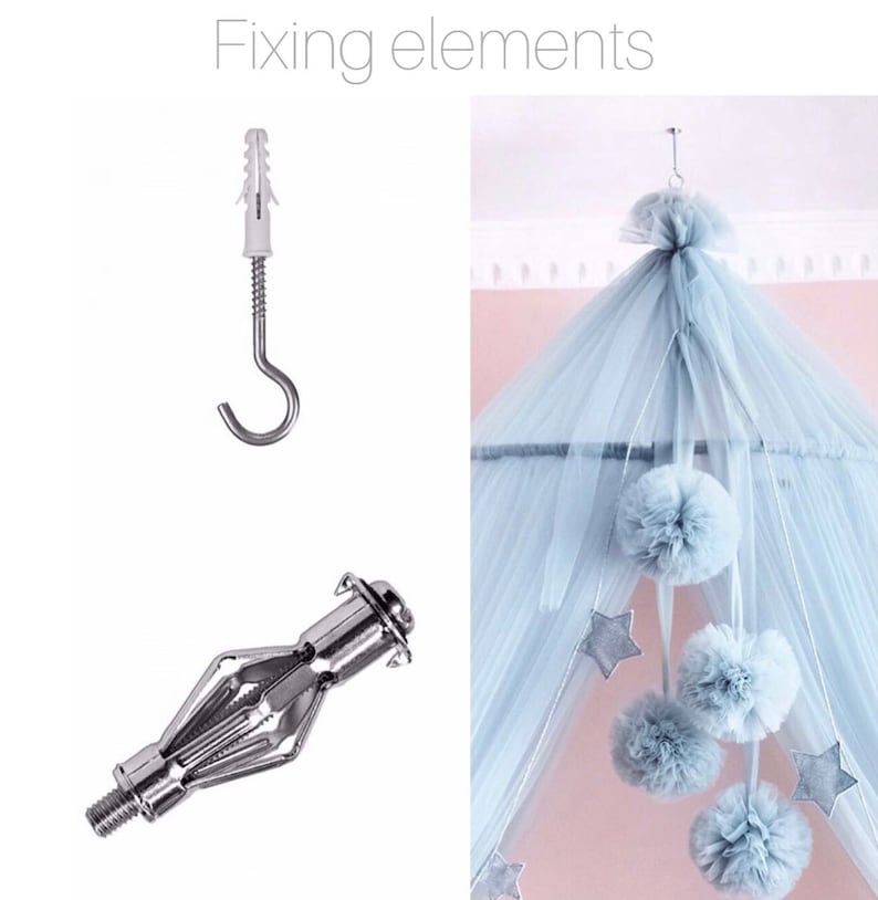 May include: Fixing elements for a canopy bed, including a white plastic anchor, a silver hook, and a silver metal toggle bolt. The canopy bed is made of light blue tulle and has white pom-poms and stars hanging from it.