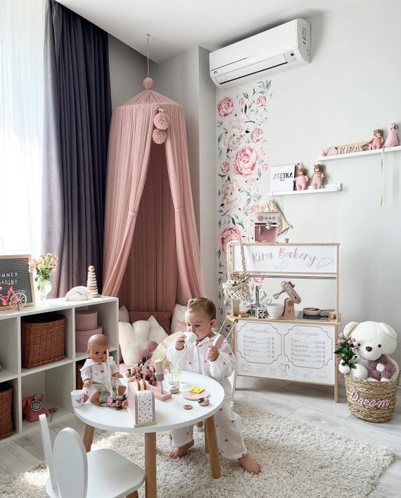 Crib canopy for nursery, Soft Tulle Powder Princess canopy, Baby bed curtains, Hanging  canopy for toddler bed, pink play tent with pompoms