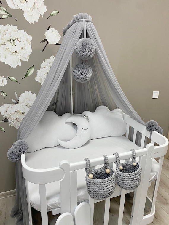 Gray Graphite Baby Baldachin, Custom Baldachin, Nursery Canopy, Crib Canopy, Bed Canopy for Kids, Pom-Pom Canopy, Mosquito Net