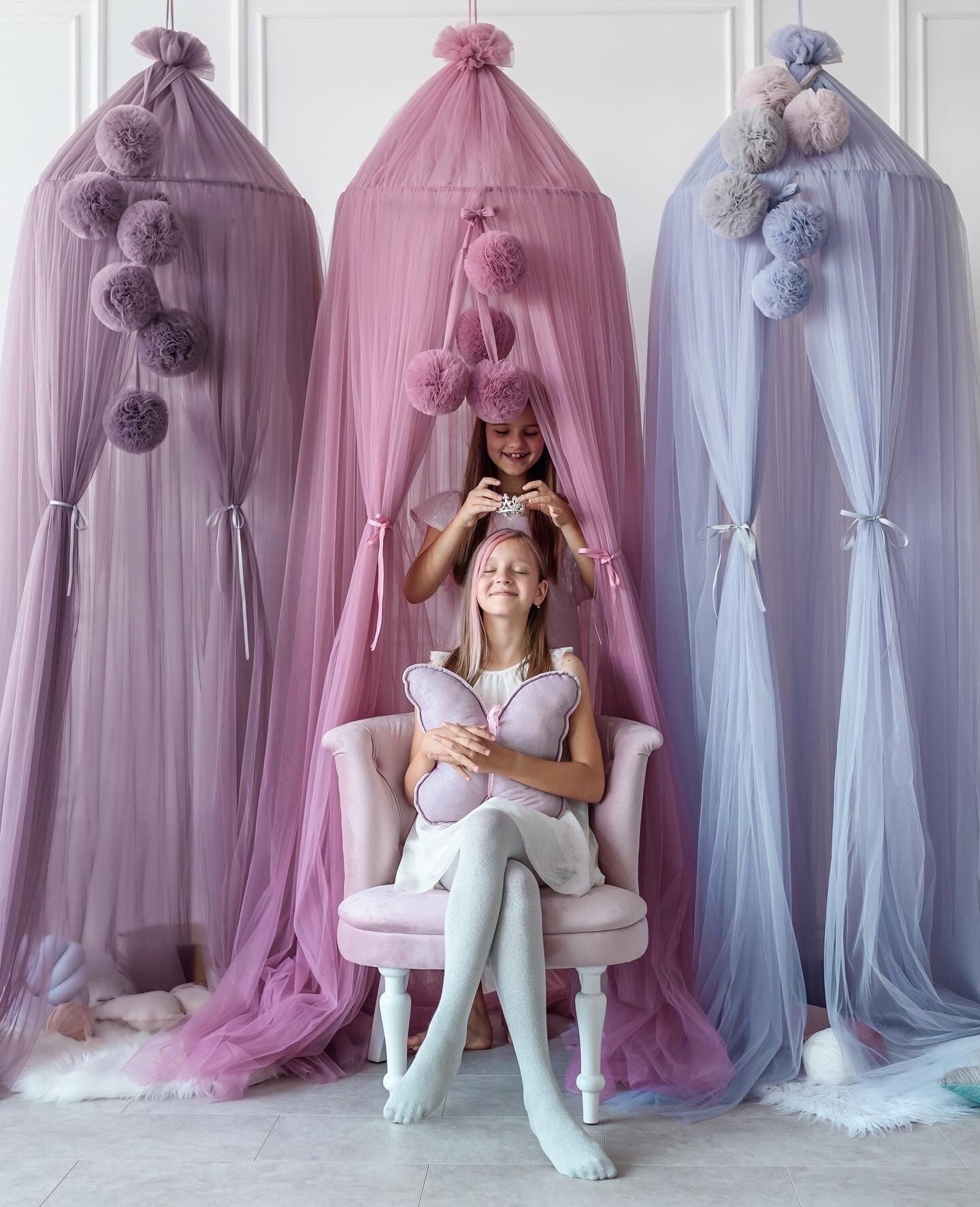 Purple Kids Baldachin, Canopy Bed, Mosquito Net For Nursery Crib, Bed Crib Canopy, With Pompoms, Ceiling