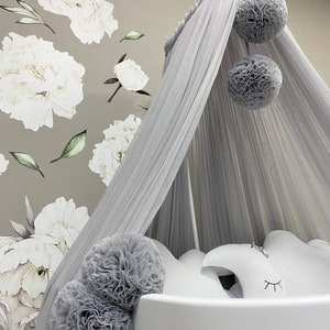Grå grafitfärgad babybaldakin, specialanpassad baldakin, barnkammare, spjälsängshimlen, sänghimlen för barn, pom-pom-himlen, myggnät bild 4