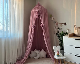 Powder Rose Princess baldachin, Baby bed curtains, Soft tulle crib canopy Pompoms, Nursery girl room decor, Playroom Nook Canopy