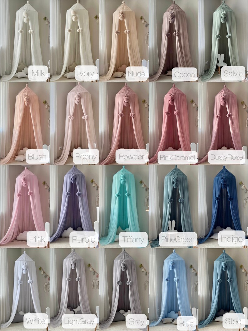 May include: A collection of 25 different colored tulle canopy beds with pom poms. The canopies are arranged in five rows of five, with each row featuring a different color. The colors include white, ivory, nude, cocoa, salvia, blush, peony, powder, pink caramel, dusty rose, pink, purple, tiffany, pine green, indigo, white, light gray, gray, blue, and steel.