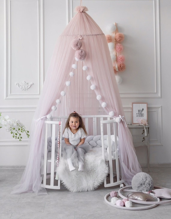 Princess bed canopy, Kids nursery canopy, Play girl canopy, Princess Lush baldachin, Pink canopy, Big Baldachin Pompoms, Ceiling crib canopy