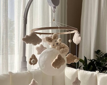 Baby crib mobile with backlight, bunny on moon, nursery toy mobile, Baby cat mobile, Crib mobile with backlight ball